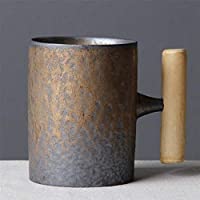 J.AKSO - Taza de café de cerámica con mango de madera- estilo japonés vintage- taza de agua para el hogar y la oficina